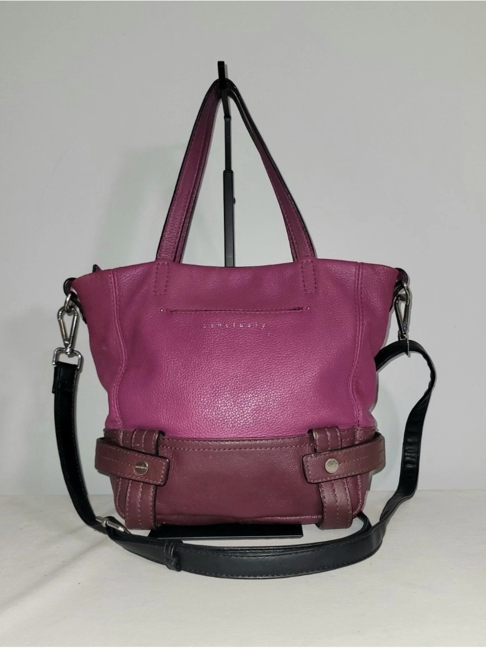 Sanctuary Leather Crossbody Bag Satchel Magenta Burgundy Colorblock Multi Pocket